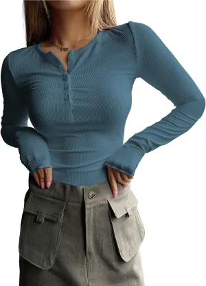 2024 Long Sleeve Shirts for Women V Neck Henley Tops Slim Fit Basic Ribbed Knit Button Down T Shirts Y2K Tops