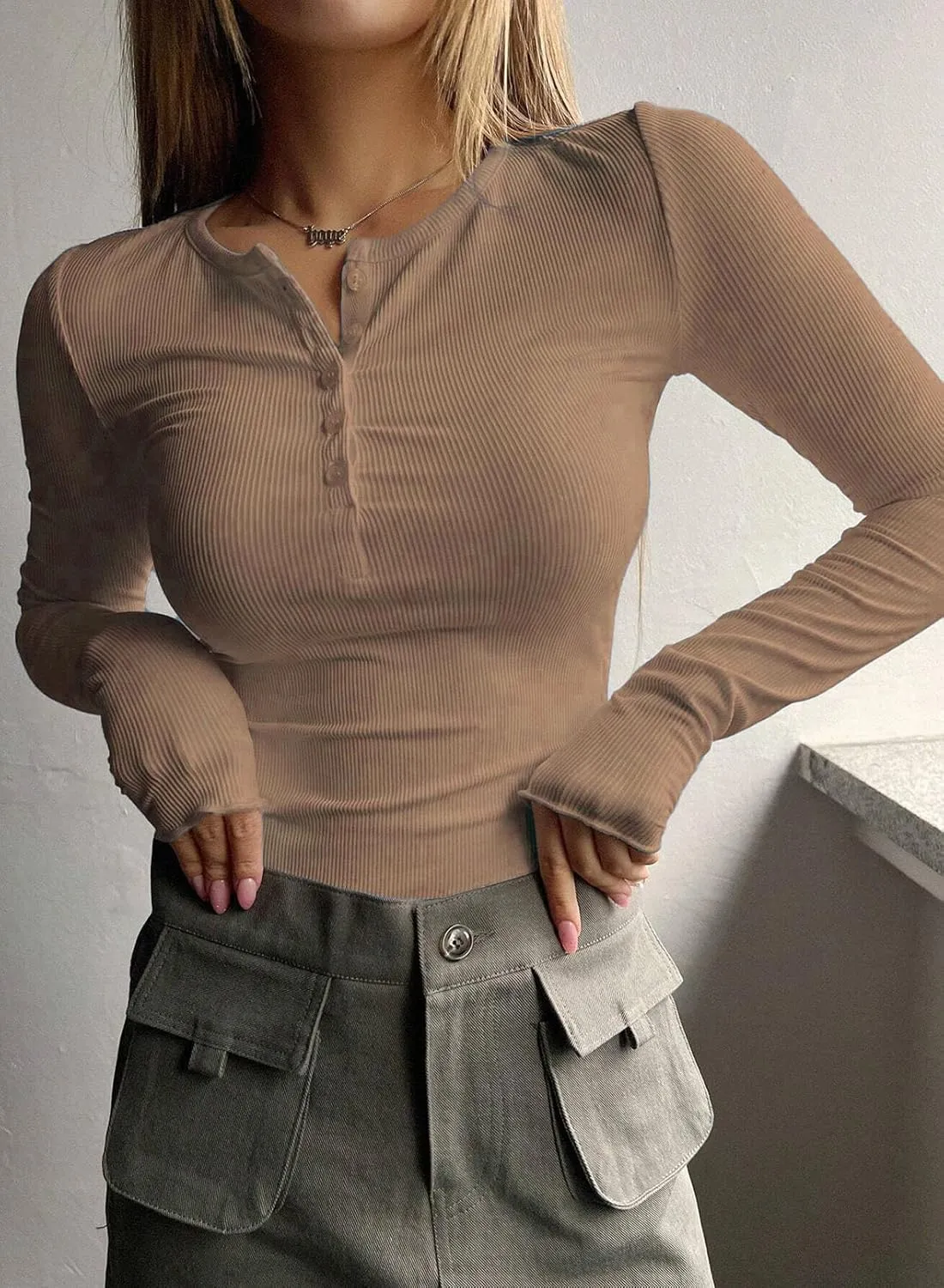 2024 Long Sleeve Shirts for Women V Neck Henley Tops Slim Fit Basic Ribbed Knit Button Down T Shirts Y2K Tops