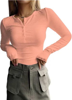 2024 Long Sleeve Shirts for Women V Neck Henley Tops Slim Fit Basic Ribbed Knit Button Down T Shirts Y2K Tops