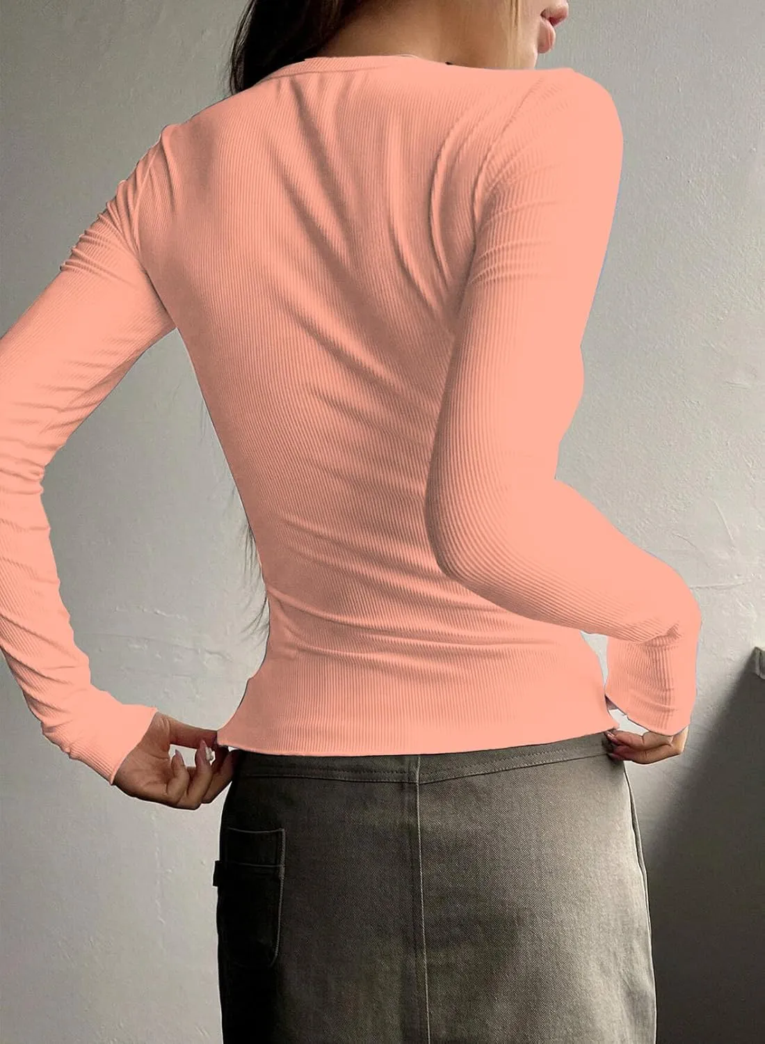 2024 Long Sleeve Shirts for Women V Neck Henley Tops Slim Fit Basic Ribbed Knit Button Down T Shirts Y2K Tops