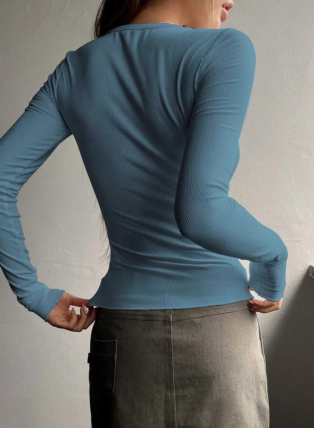2024 Long Sleeve Shirts for Women V Neck Henley Tops Slim Fit Basic Ribbed Knit Button Down T Shirts Y2K Tops