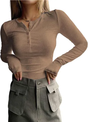 2024 Long Sleeve Shirts for Women V Neck Henley Tops Slim Fit Basic Ribbed Knit Button Down T Shirts Y2K Tops