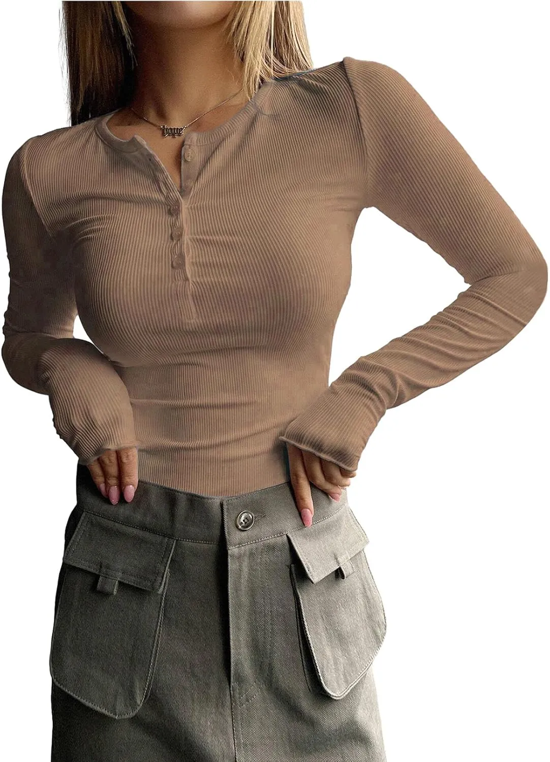 2024 Long Sleeve Shirts for Women V Neck Henley Tops Slim Fit Basic Ribbed Knit Button Down T Shirts Y2K Tops