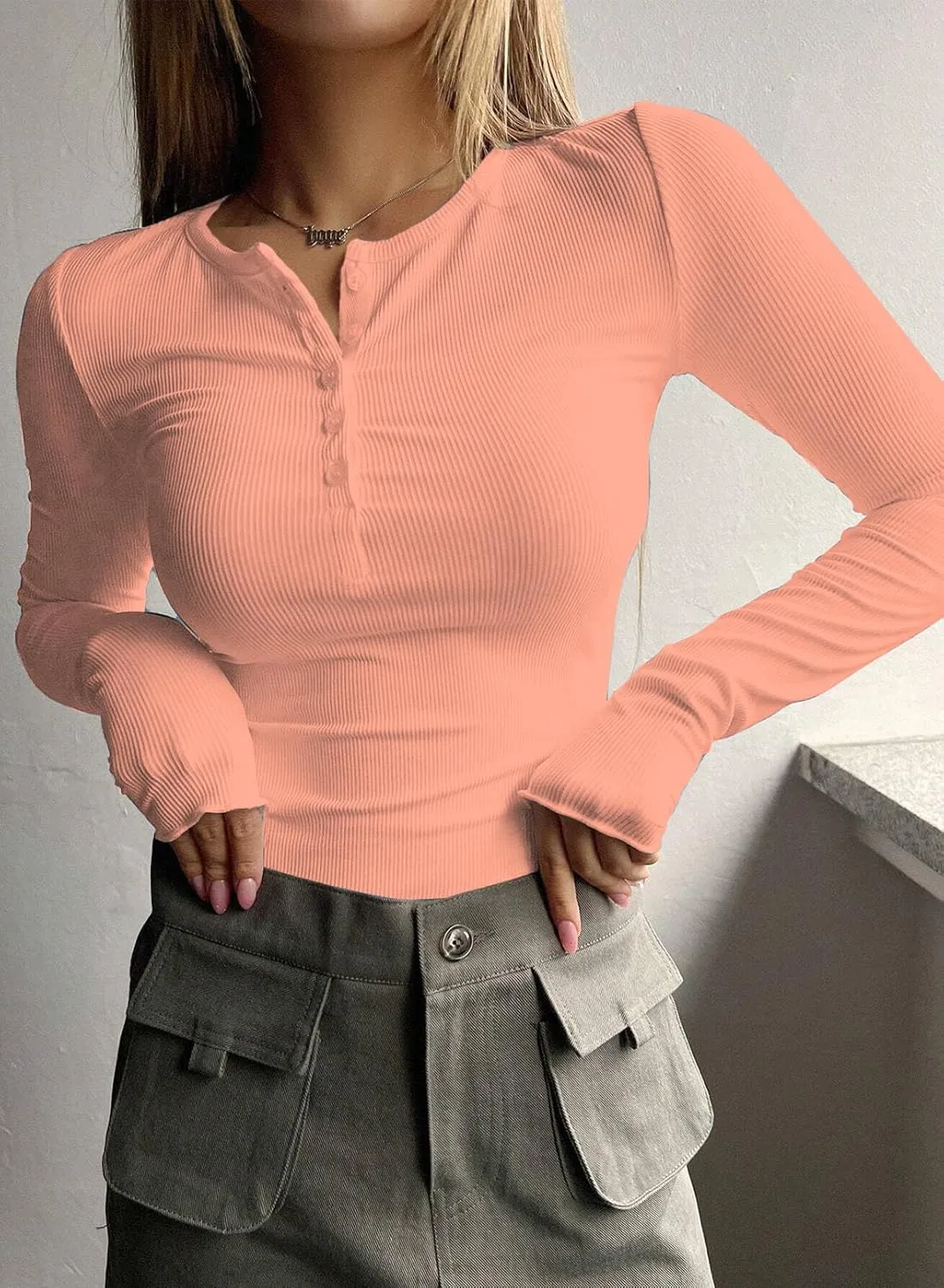 2024 Long Sleeve Shirts for Women V Neck Henley Tops Slim Fit Basic Ribbed Knit Button Down T Shirts Y2K Tops