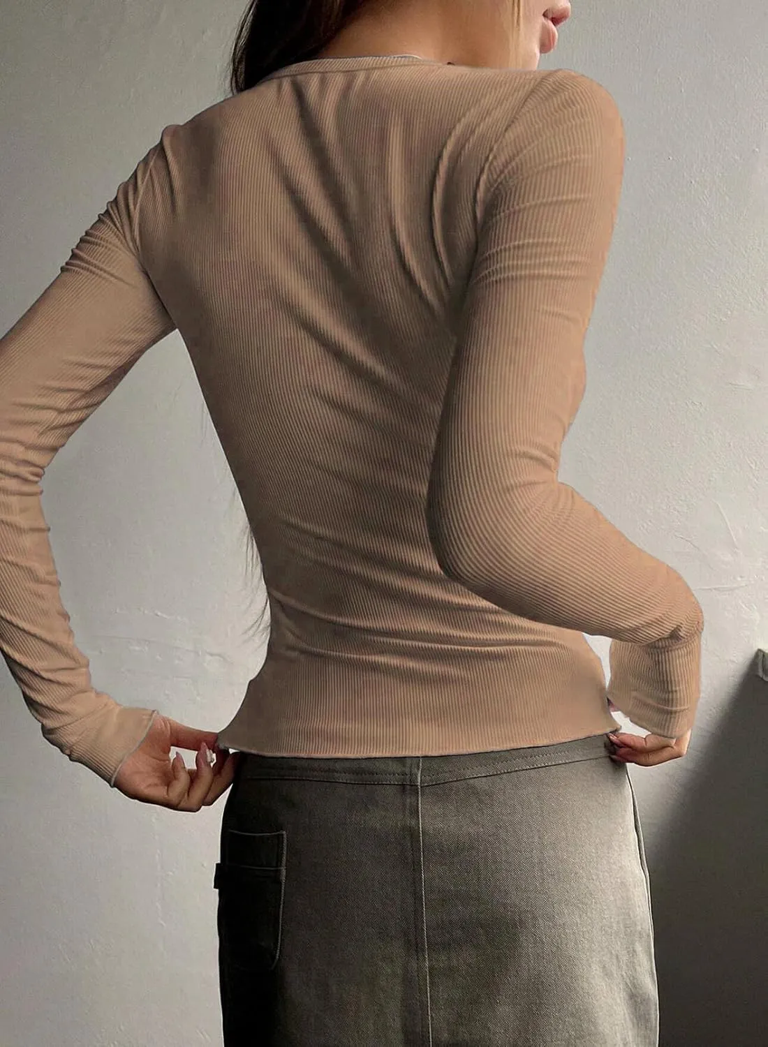 2024 Long Sleeve Shirts for Women V Neck Henley Tops Slim Fit Basic Ribbed Knit Button Down T Shirts Y2K Tops