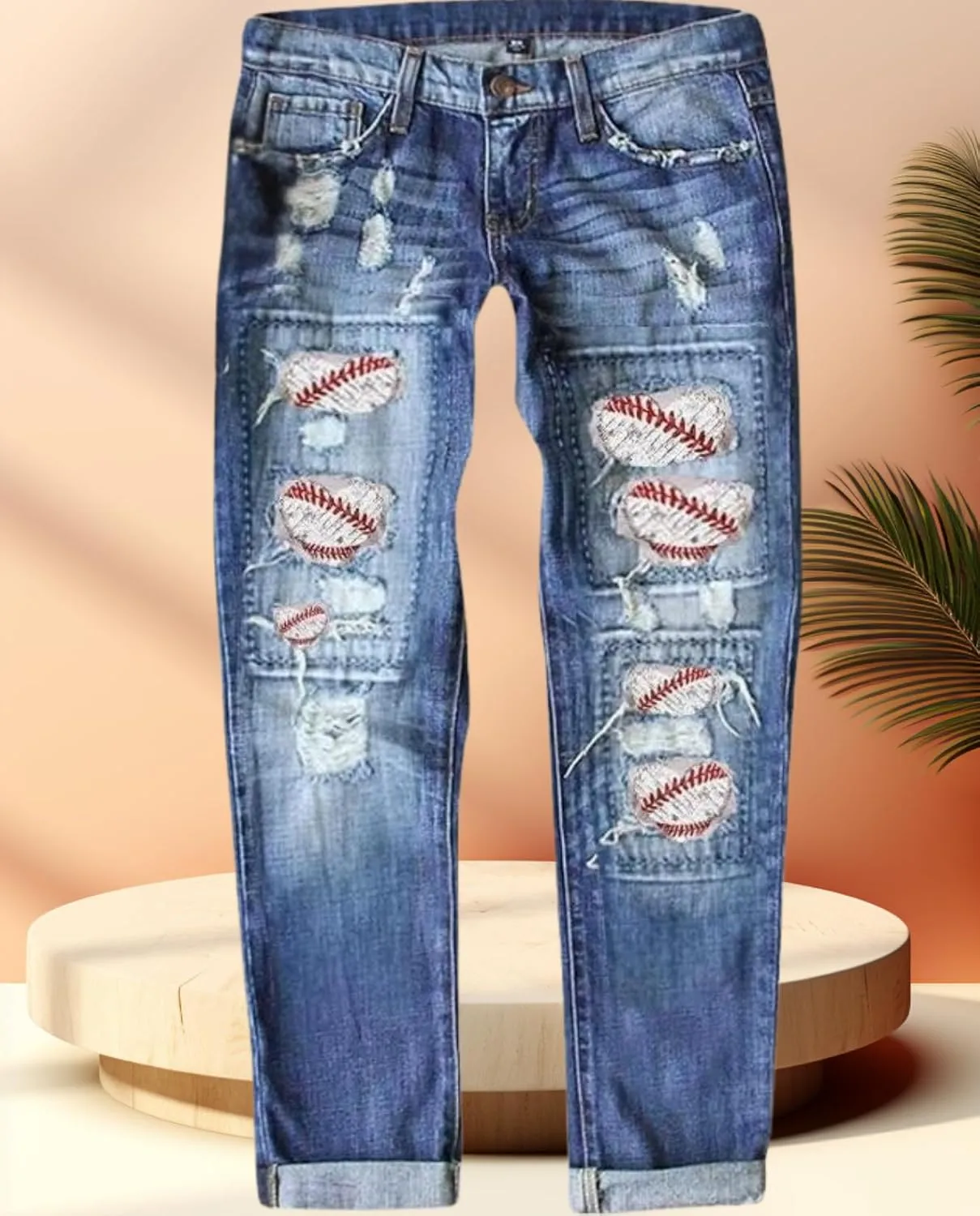 2025 New Women's Stretch Skinny Jeans Distressed Rips with Vintage Plaid Patches - Mid Rise Slimming Fit