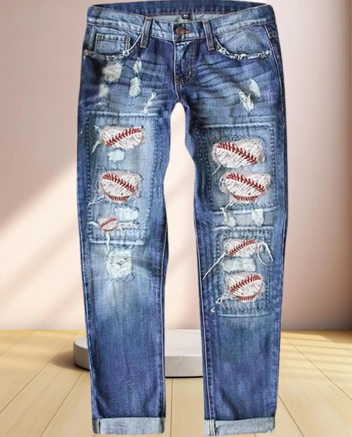 2025 New Women's Stretch Skinny Jeans Distressed Rips with Vintage Plaid Patches - Mid Rise Slimming Fit