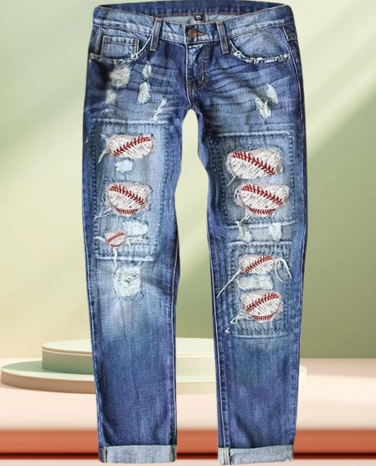 2025 New Women's Stretch Skinny Jeans Distressed Rips with Vintage Plaid Patches - Mid Rise Slimming Fit