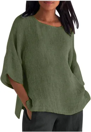 3/4 Sleeve Linen Shirts for Womens Spring Plus Size Solid Crewneck Going Out Tops Summer Beach Vacation Outfits 2025