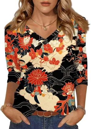 3/4 Sleeve Shirts for Women Cute Solid Floral Graphic V Neck Tunic Tees Blouses Casual Plus Size Basic Tops Pullover