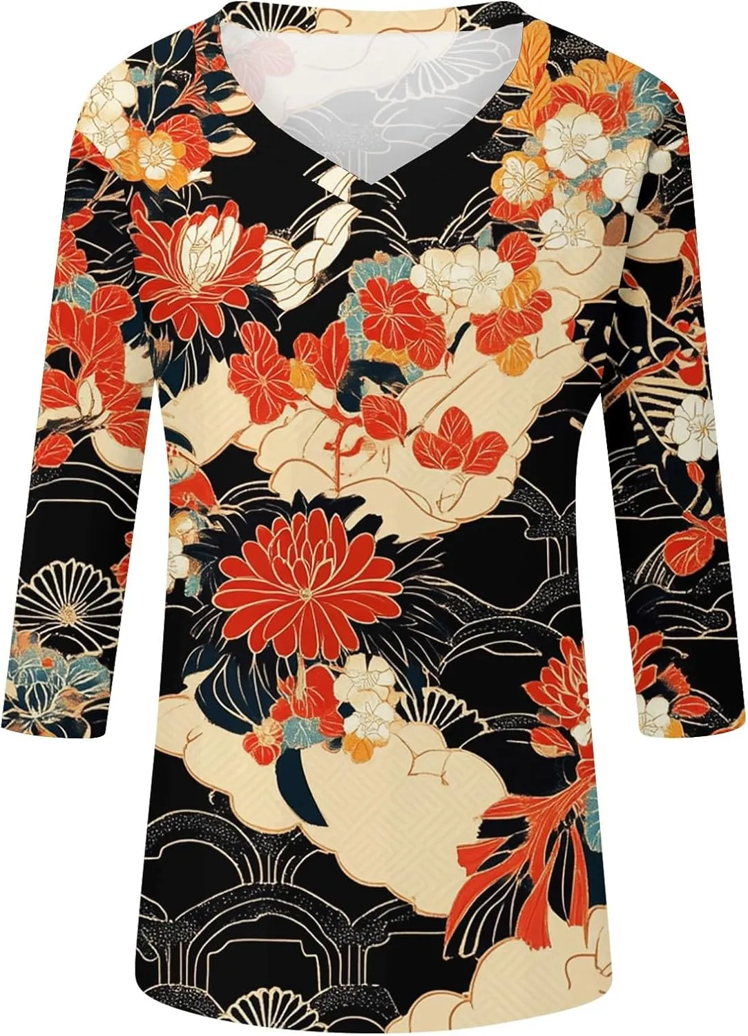 3/4 Sleeve Shirts for Women Cute Solid Floral Graphic V Neck Tunic Tees Blouses Casual Plus Size Basic Tops Pullover