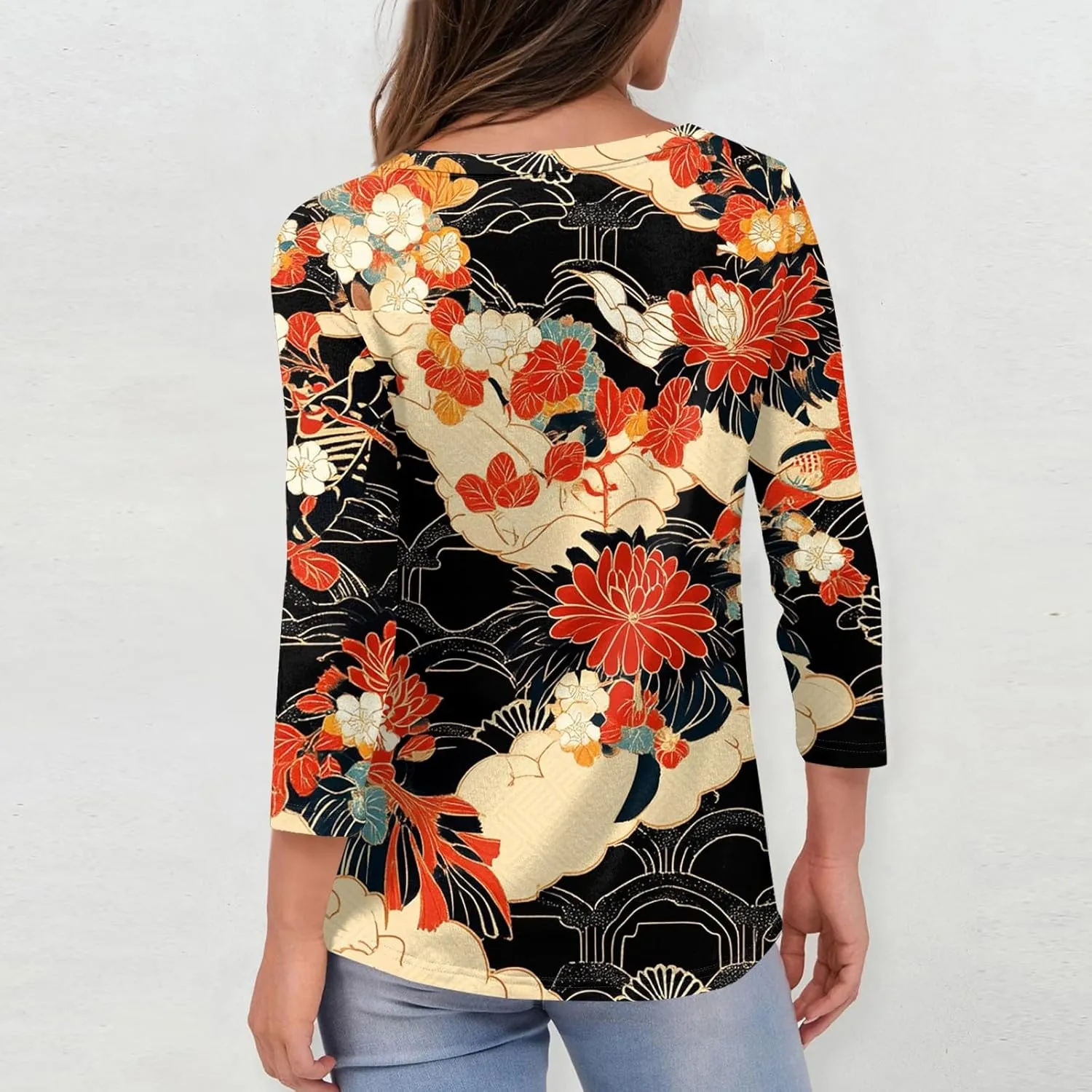3/4 Sleeve Shirts for Women Cute Solid Floral Graphic V Neck Tunic Tees Blouses Casual Plus Size Basic Tops Pullover