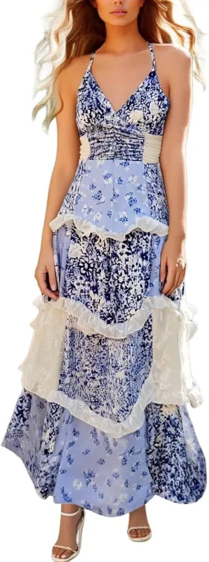 Adernlia Floral Maxi Dress, Women Tie Shoulder Boho Floral Maxi Dress, Boho Floral Patchwork Dresses