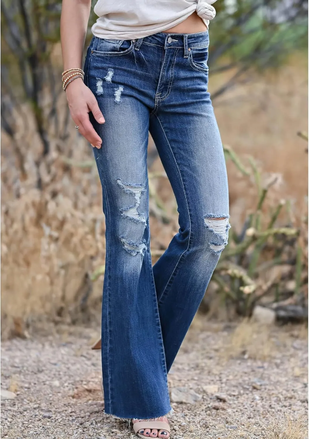 Akivide Women Ripped Skinny Bell Bottom Boyfriend Jeans High Waisted Stretch Raw Hem Denim Wide Leg Pants