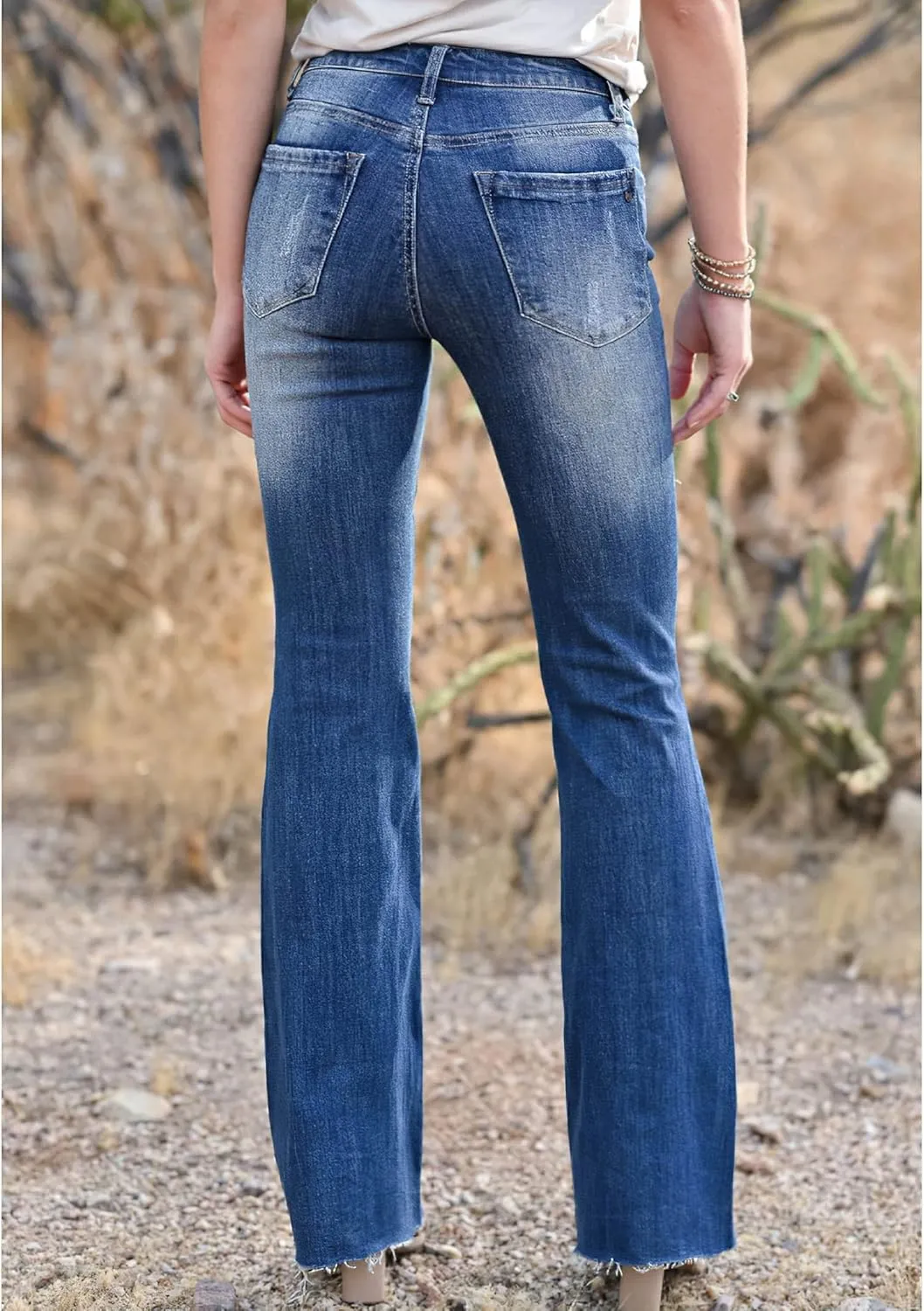 Akivide Women Ripped Skinny Bell Bottom Boyfriend Jeans High Waisted Stretch Raw Hem Denim Wide Leg Pants