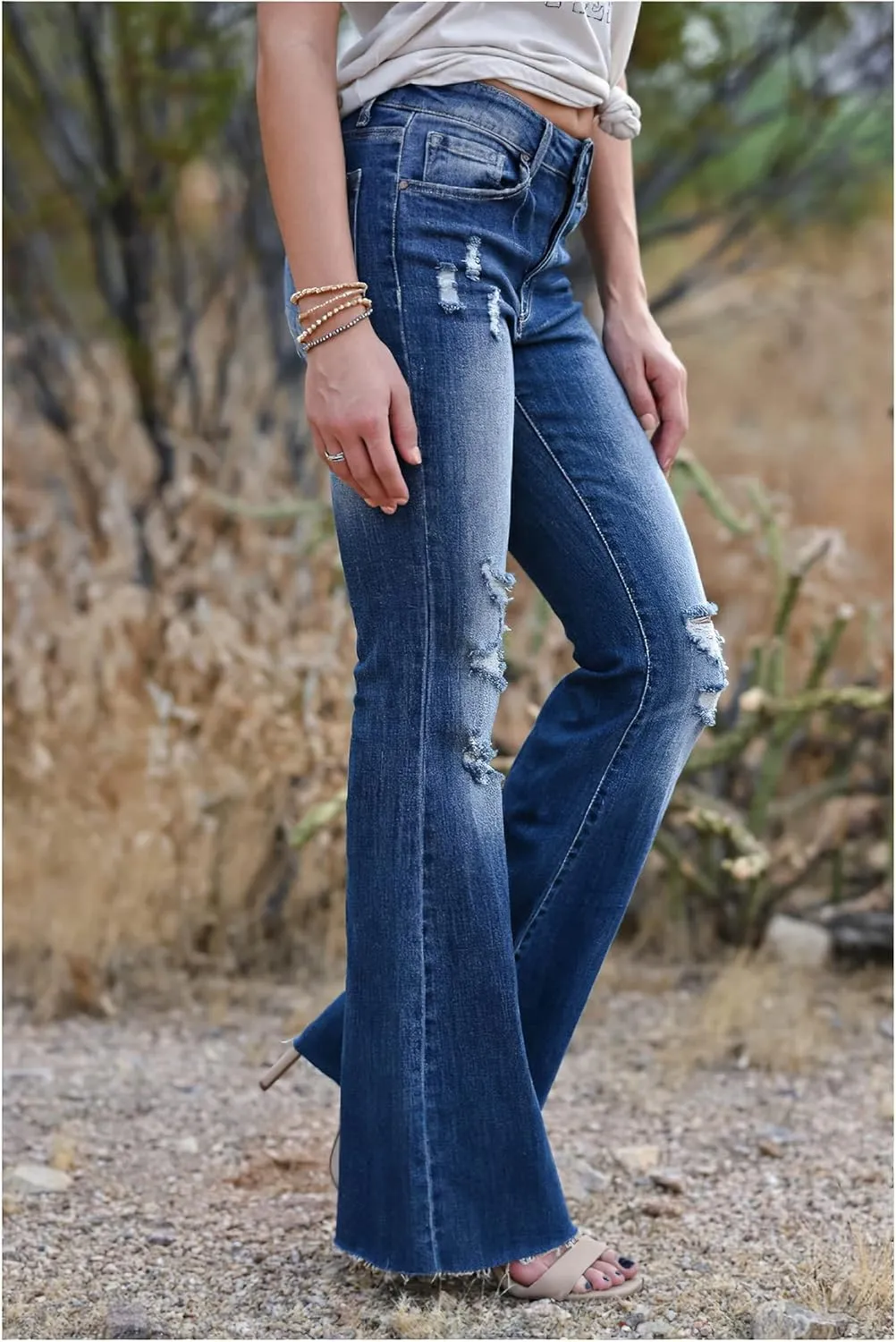 Akivide Women Ripped Skinny Bell Bottom Boyfriend Jeans High Waisted Stretch Raw Hem Denim Wide Leg Pants