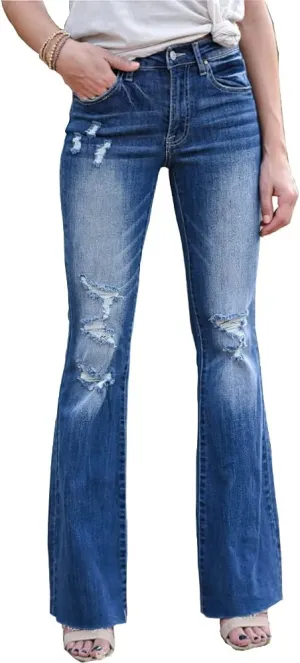 Akivide Women Ripped Skinny Bell Bottom Boyfriend Jeans High Waisted Stretch Raw Hem Denim Wide Leg Pants