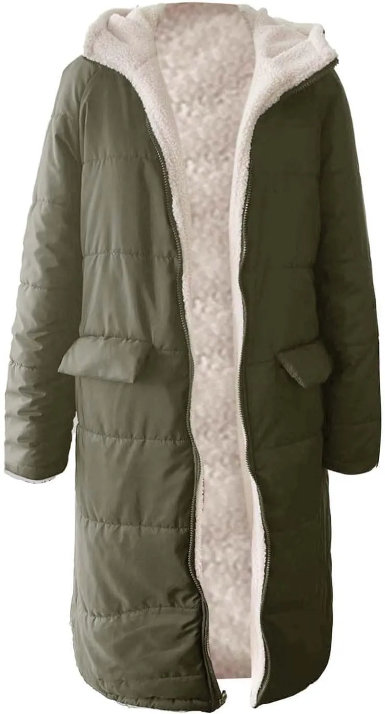 Akivide Womens Fleece Lined Long Jackets Casual Long Sleeve Full Zip Hooded Padded Coat Oversized Winter Warm Coat Outerwear