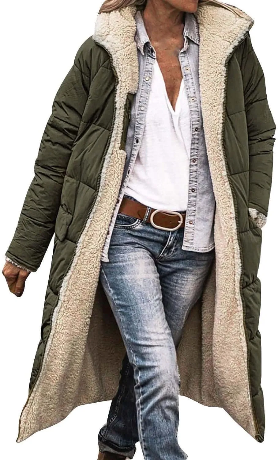 Akivide Womens Fleece Lined Long Jackets Casual Long Sleeve Full Zip Hooded Padded Coat Oversized Winter Warm Coat Outerwear