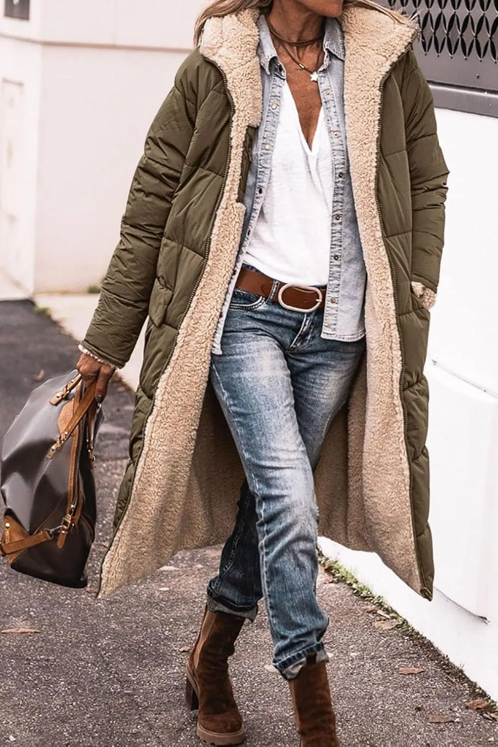 Akivide Womens Fleece Lined Long Jackets Casual Long Sleeve Full Zip Hooded Padded Coat Oversized Winter Warm Coat Outerwear