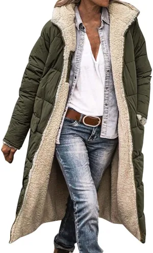 Akivide Womens Fleece Lined Long Jackets Casual Long Sleeve Full Zip Hooded Padded Coat Oversized Winter Warm Coat Outerwear