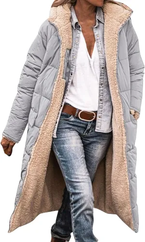 Akivide Womens Fleece Lined Long Jackets Casual Long Sleeve Full Zip Hooded Padded Coat Oversized Winter Warm Coat Outerwear