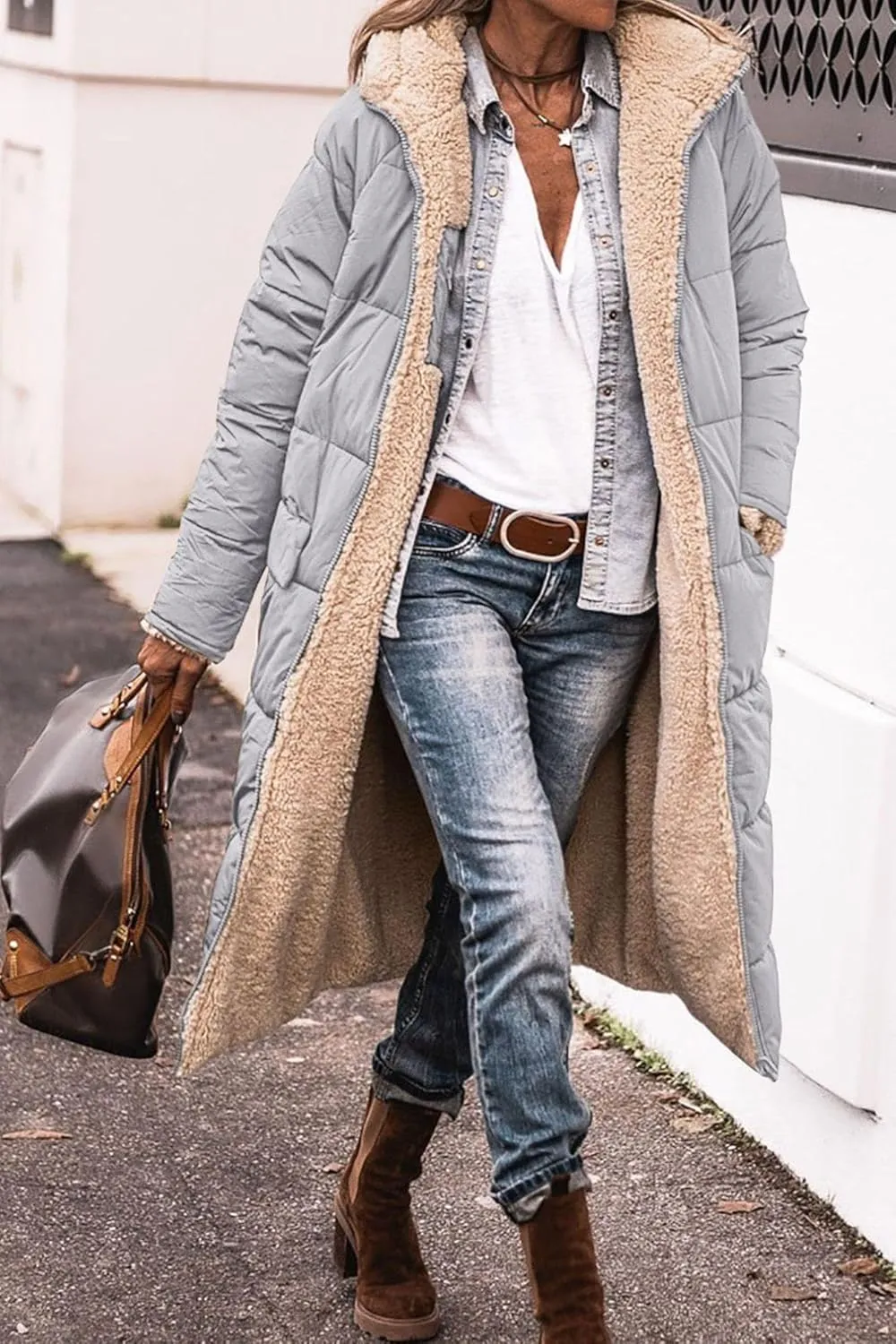 Akivide Womens Fleece Lined Long Jackets Casual Long Sleeve Full Zip Hooded Padded Coat Oversized Winter Warm Coat Outerwear