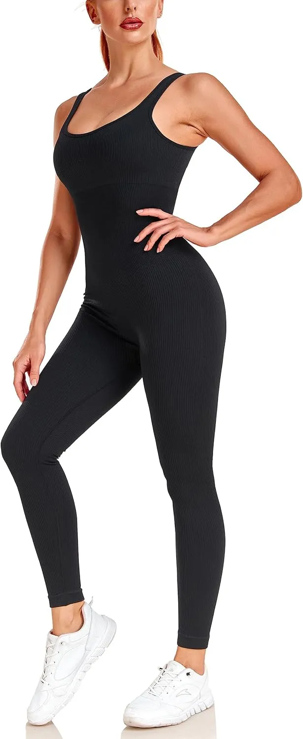angelana Women's Workout Jumpsuit Built In Bra Yoga Ribbed One Piece Outfits Athletic Rompers Tummy Control
