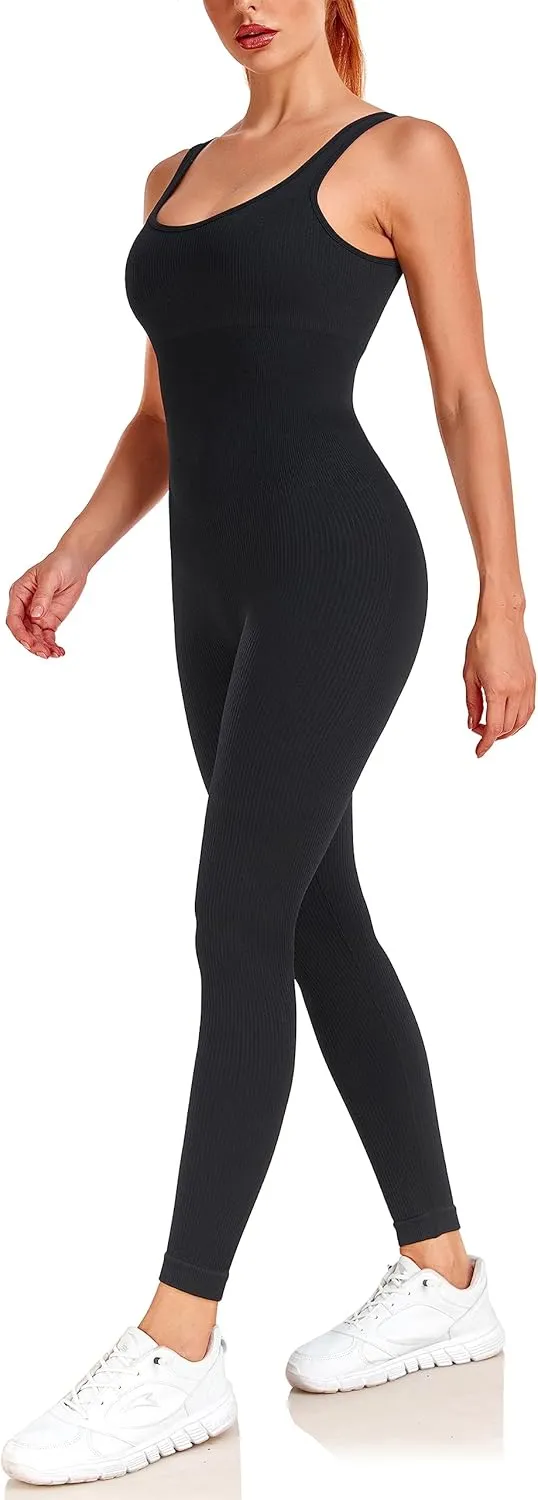 angelana Women's Workout Jumpsuit Built In Bra Yoga Ribbed One Piece Outfits Athletic Rompers Tummy Control
