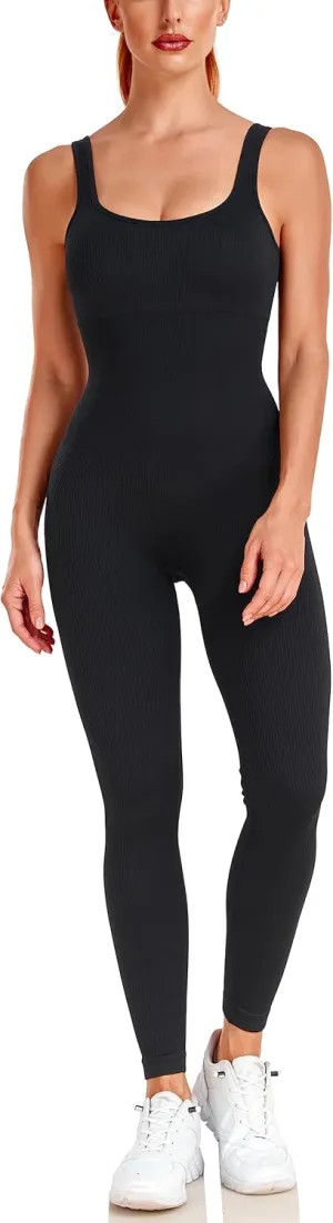 angelana Women's Workout Jumpsuit Built In Bra Yoga Ribbed One Piece Outfits Athletic Rompers Tummy Control