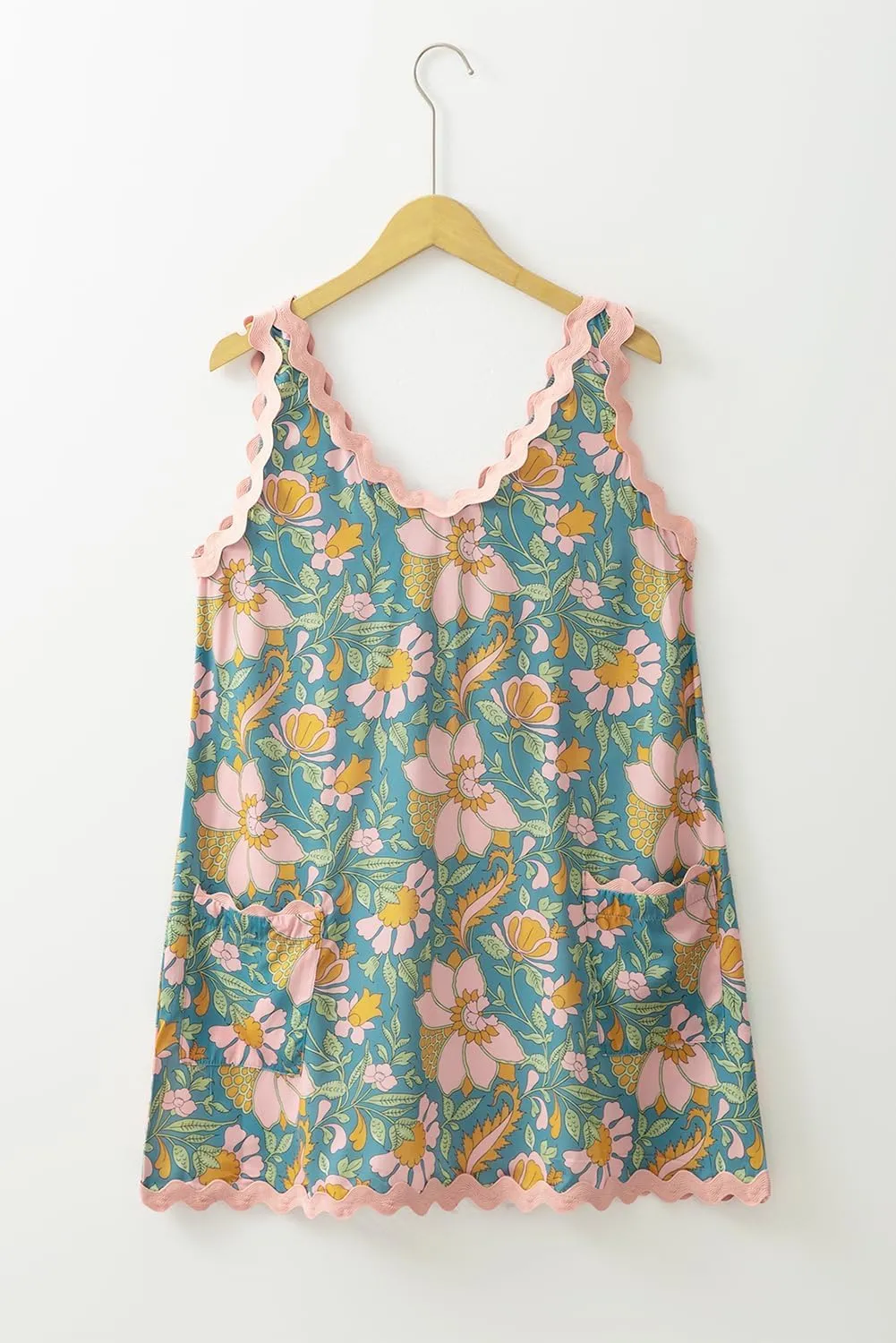 Apvirdy Womens Summer Ricrac Trim V Neck Sundresses Floral Print Shift Dress Sleeveless Mini Dress with Pockets