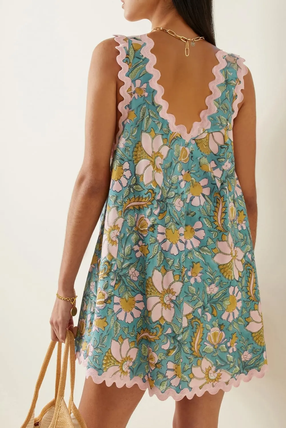 Apvirdy Womens Summer Ricrac Trim V Neck Sundresses Floral Print Shift Dress Sleeveless Mini Dress with Pockets