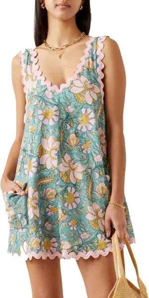 Apvirdy Womens Summer Ricrac Trim V Neck Sundresses Floral Print Shift Dress Sleeveless Mini Dress with Pockets
