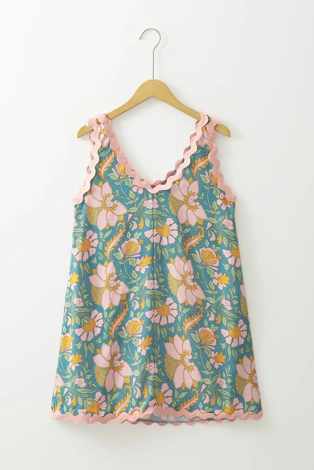 Apvirdy Womens Summer Ricrac Trim V Neck Sundresses Floral Print Shift Dress Sleeveless Mini Dress with Pockets