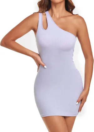 Aranmei Women's Summer One Shoulder Cutout Sleeveless Ribbed Bodycon Party Club Cocktail Short Mini Dress