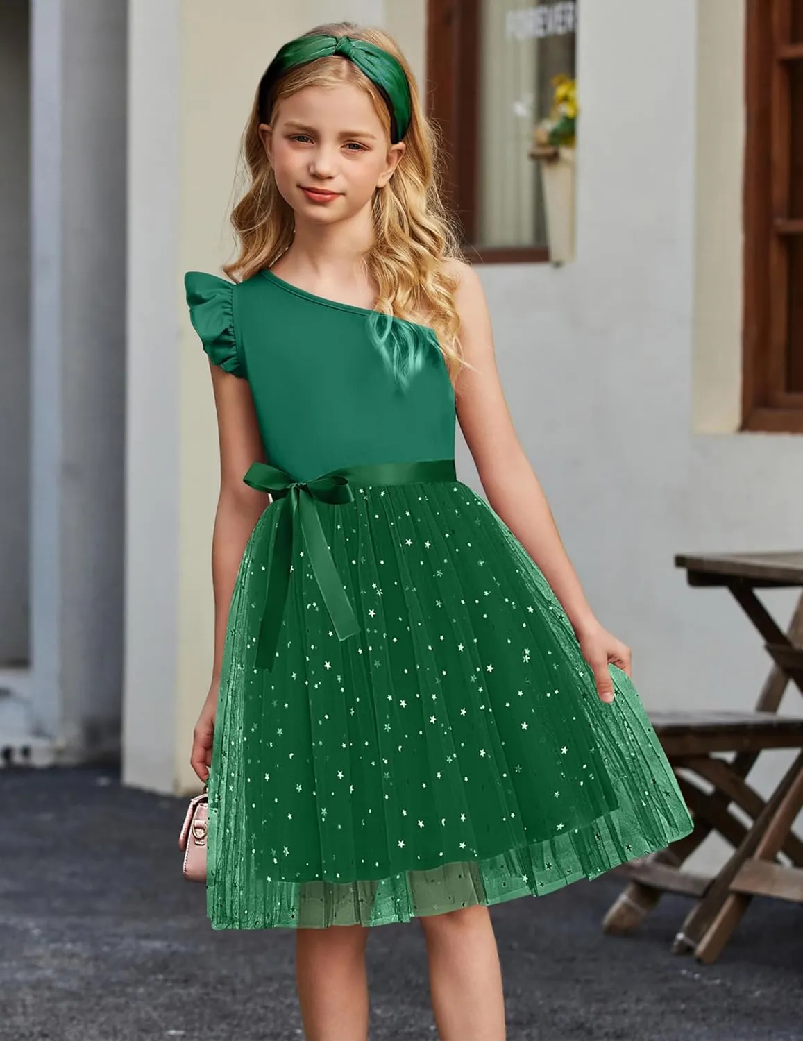 Arshiner Girls Dresses Summer One Shoulder Ruffle Sleeveless Formal Fancy Party Birthday Tulle Dress with Belted