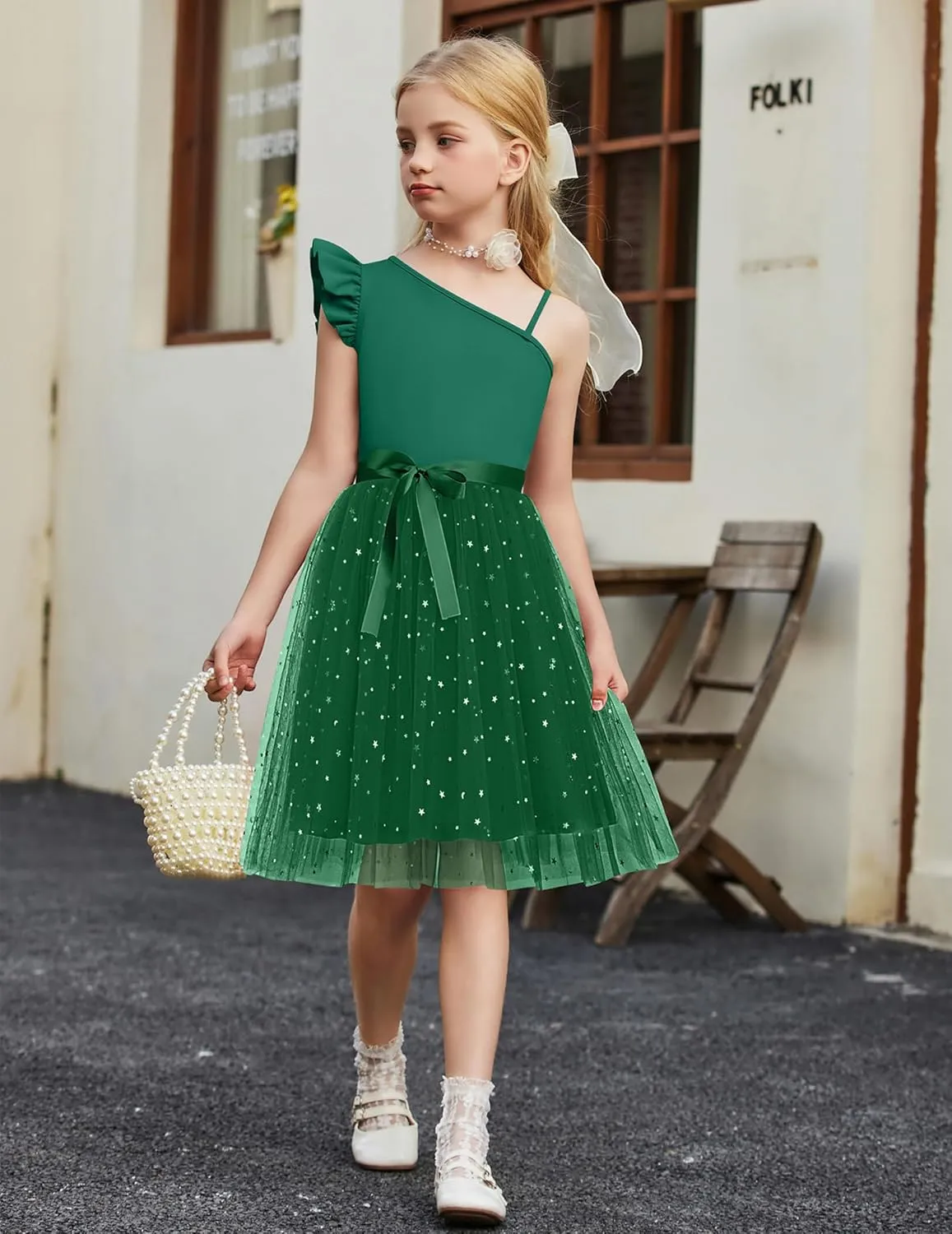 Arshiner Girls Dresses Summer One Shoulder Ruffle Sleeveless Formal Fancy Party Birthday Tulle Dress with Belted