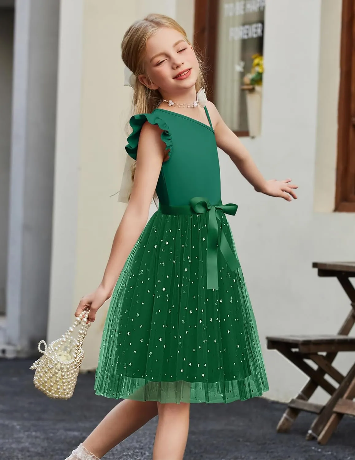 Arshiner Girls Dresses Summer One Shoulder Ruffle Sleeveless Formal Fancy Party Birthday Tulle Dress with Belted