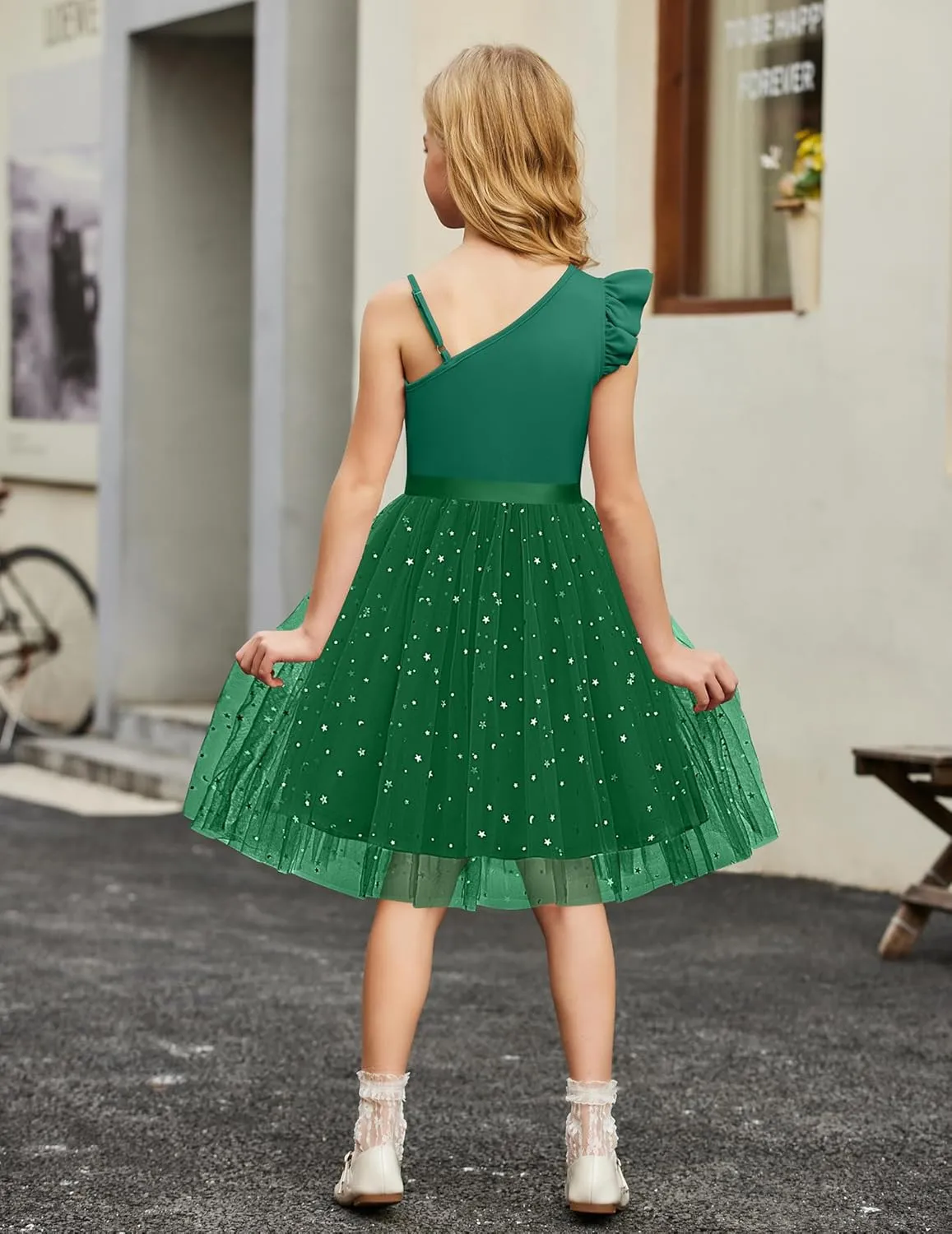 Arshiner Girls Dresses Summer One Shoulder Ruffle Sleeveless Formal Fancy Party Birthday Tulle Dress with Belted