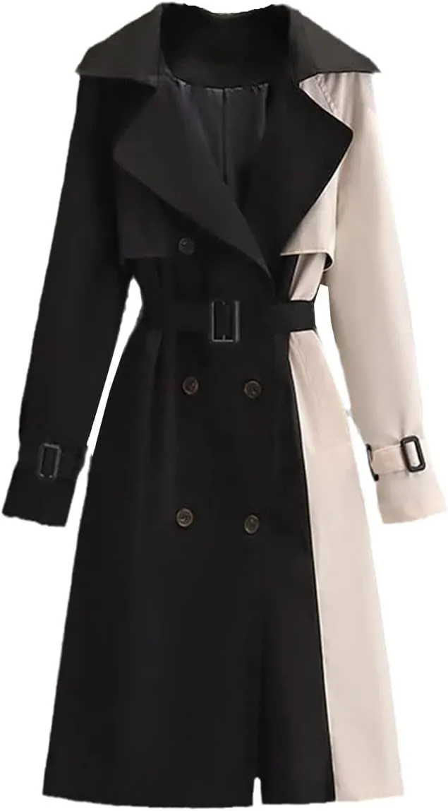 Autumn Mid-Length Trench Coat For Women Contrast Color Patchwork Spring Windbreaker Coat Female Windproof Jacket