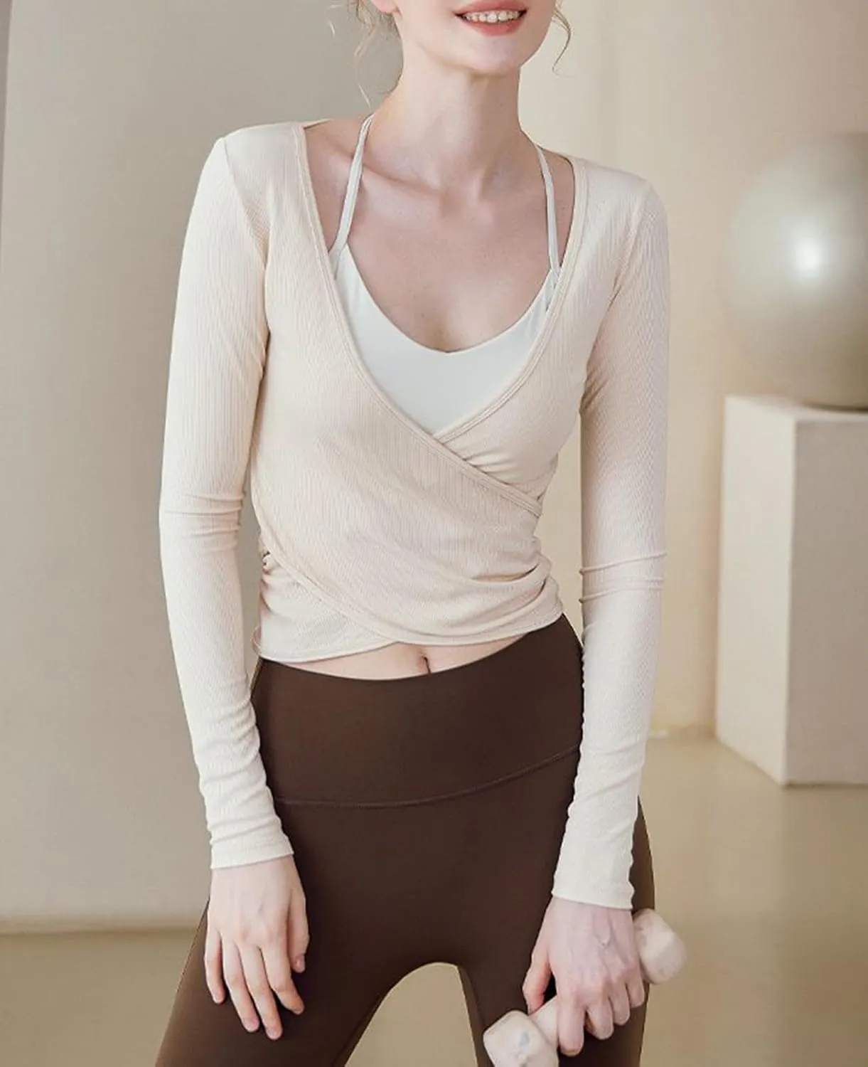 Ballet Cross Wrap Top for Women Y2K Long Sleeve V Neck Slim Fit Tie T-Shirt Fairy Yoga Workout Wrap Top Coquette Top