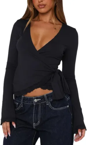 Ballet Pilates Wrap Tops for Women Long Sleeve Tie Front Lace Trim Wrap Shirt Slim Fit Dance Yoga Workout Tops