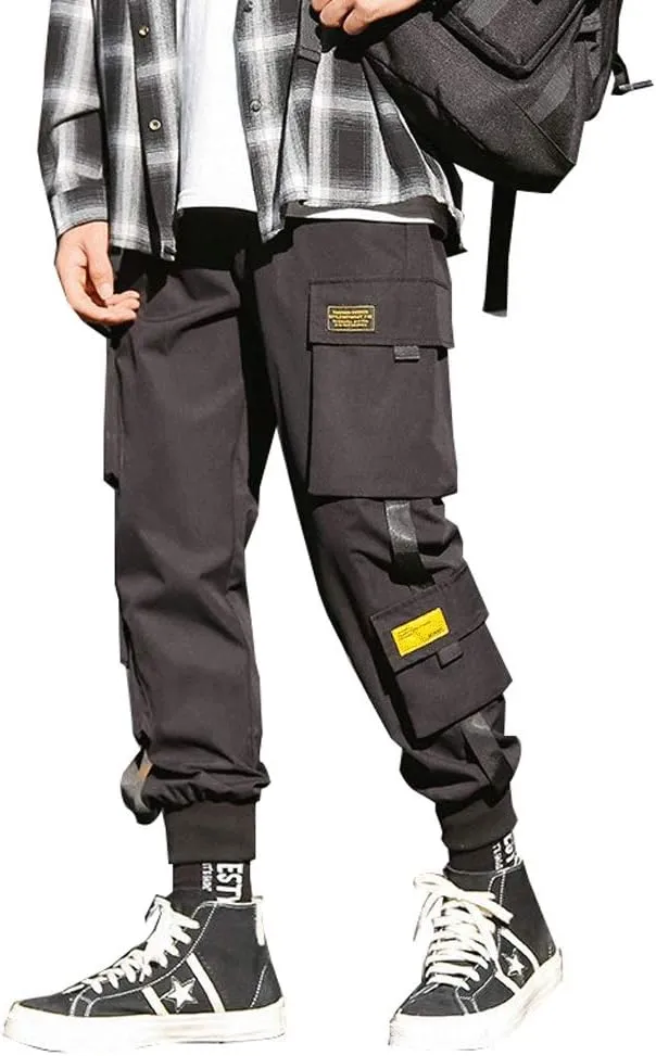 Banana Bucket Mens Techwear Harem Pants, Hip Hop Casual Jogger Cargo Pants with Multi-Pockets