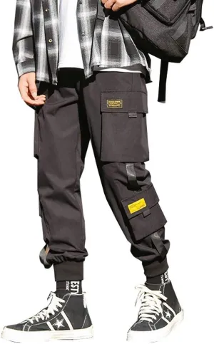Banana Bucket Mens Techwear Harem Pants, Hip Hop Casual Jogger Cargo Pants with Multi-Pockets