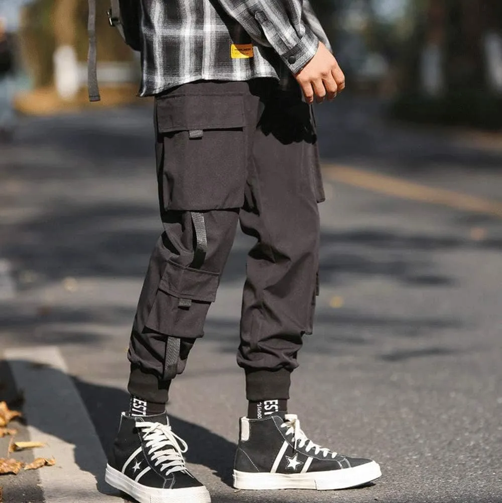 Banana Bucket Mens Techwear Harem Pants, Hip Hop Casual Jogger Cargo Pants with Multi-Pockets