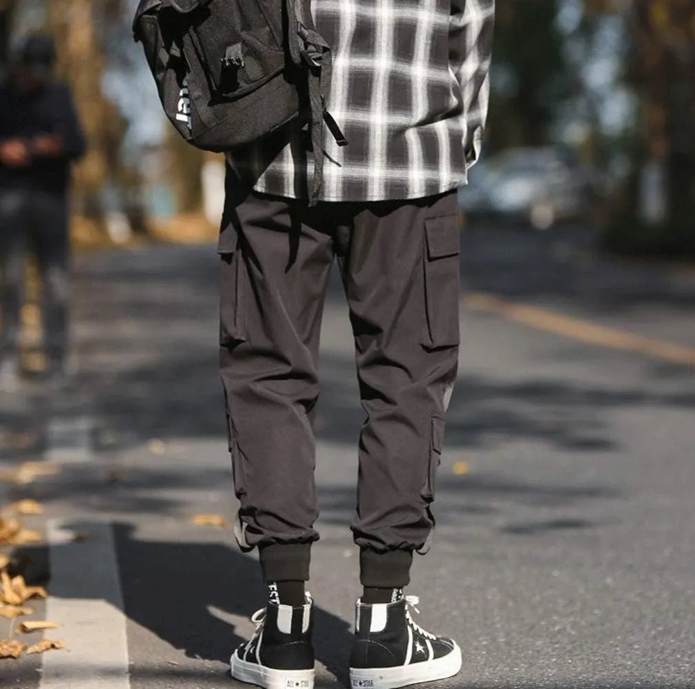 Banana Bucket Mens Techwear Harem Pants, Hip Hop Casual Jogger Cargo Pants with Multi-Pockets