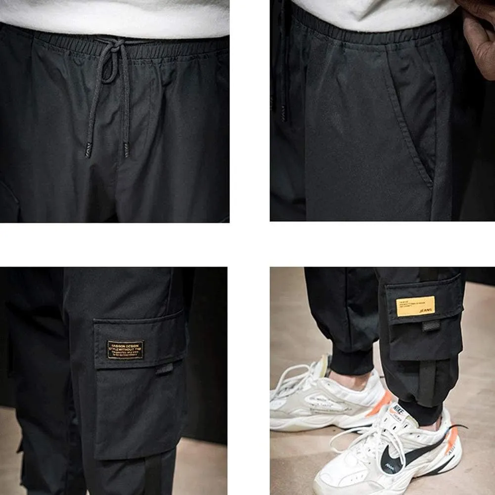 Banana Bucket Mens Techwear Harem Pants, Hip Hop Casual Jogger Cargo Pants with Multi-Pockets