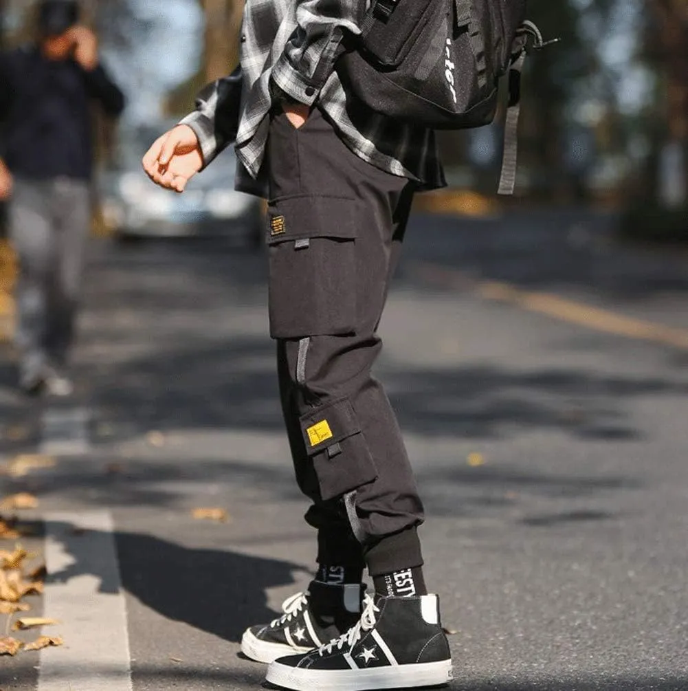 Banana Bucket Mens Techwear Harem Pants, Hip Hop Casual Jogger Cargo Pants with Multi-Pockets