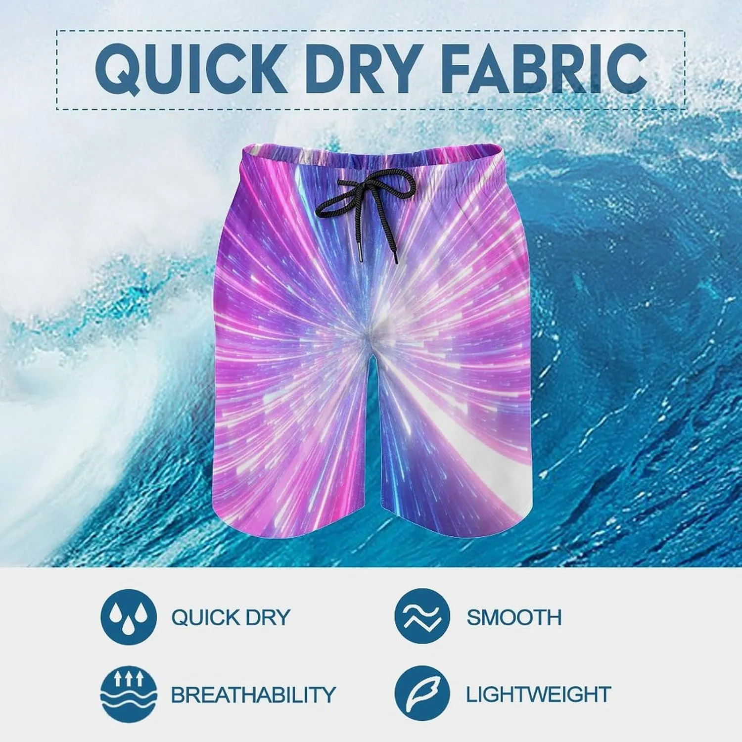 Beach Shorts for Men Anime Purple Sparks Flame Hawaiian Swim Board Shorts Mesh Lining Swimming Trunks Pocket
