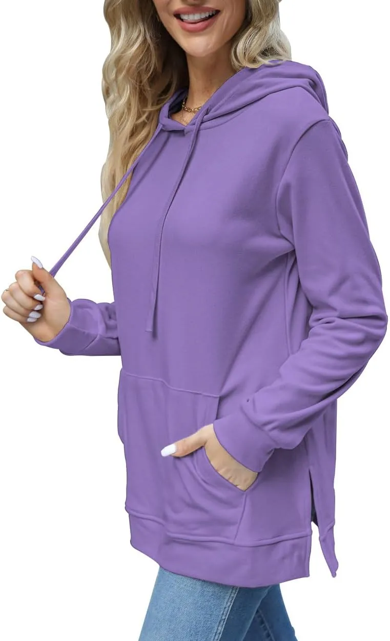 Beimuc Hoodies for Women Fashion Split Hem Drawstring Casual Long Sleeve Sweatshirts Tops with Pockets